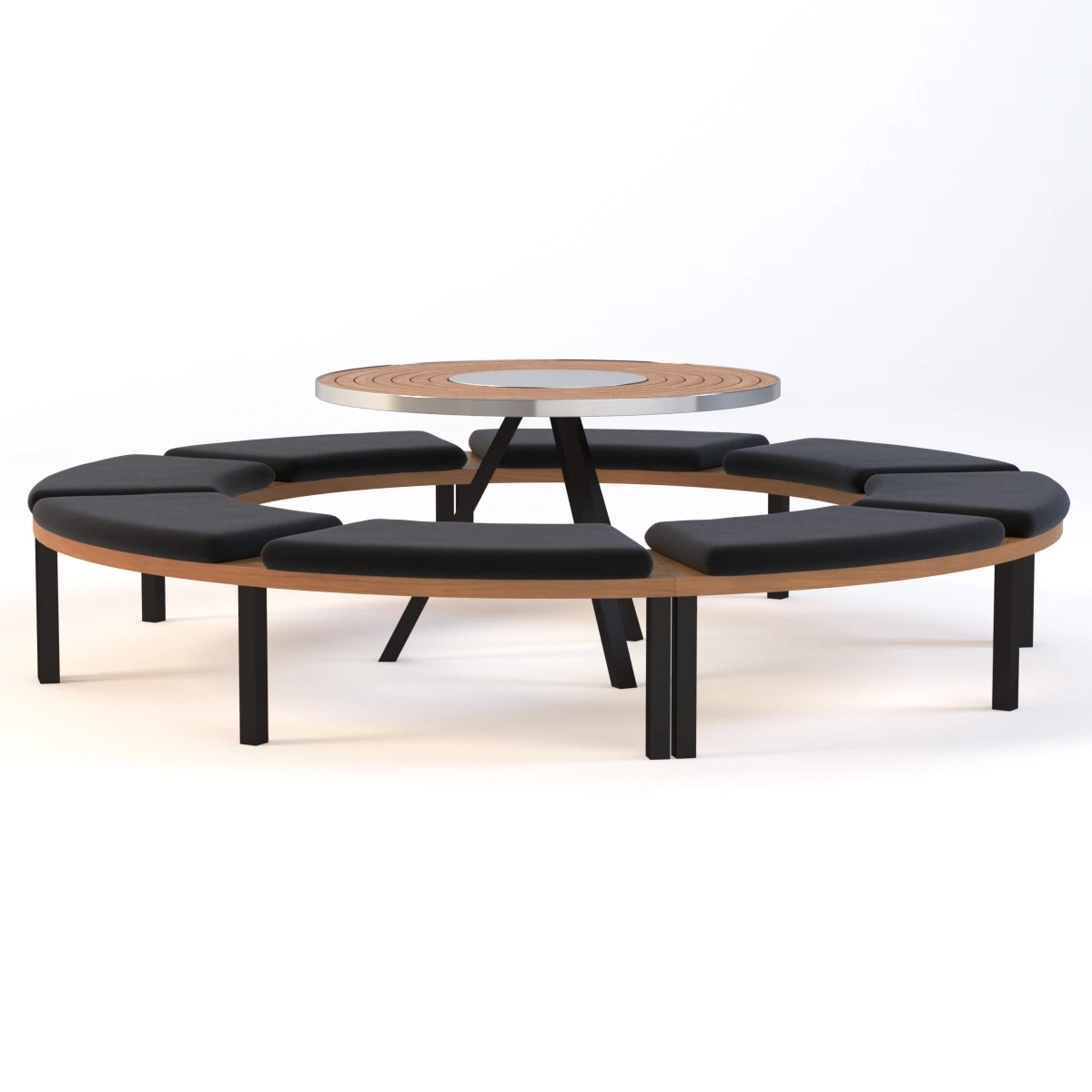 Round Teak Table With 4 Benches 3D Model_01