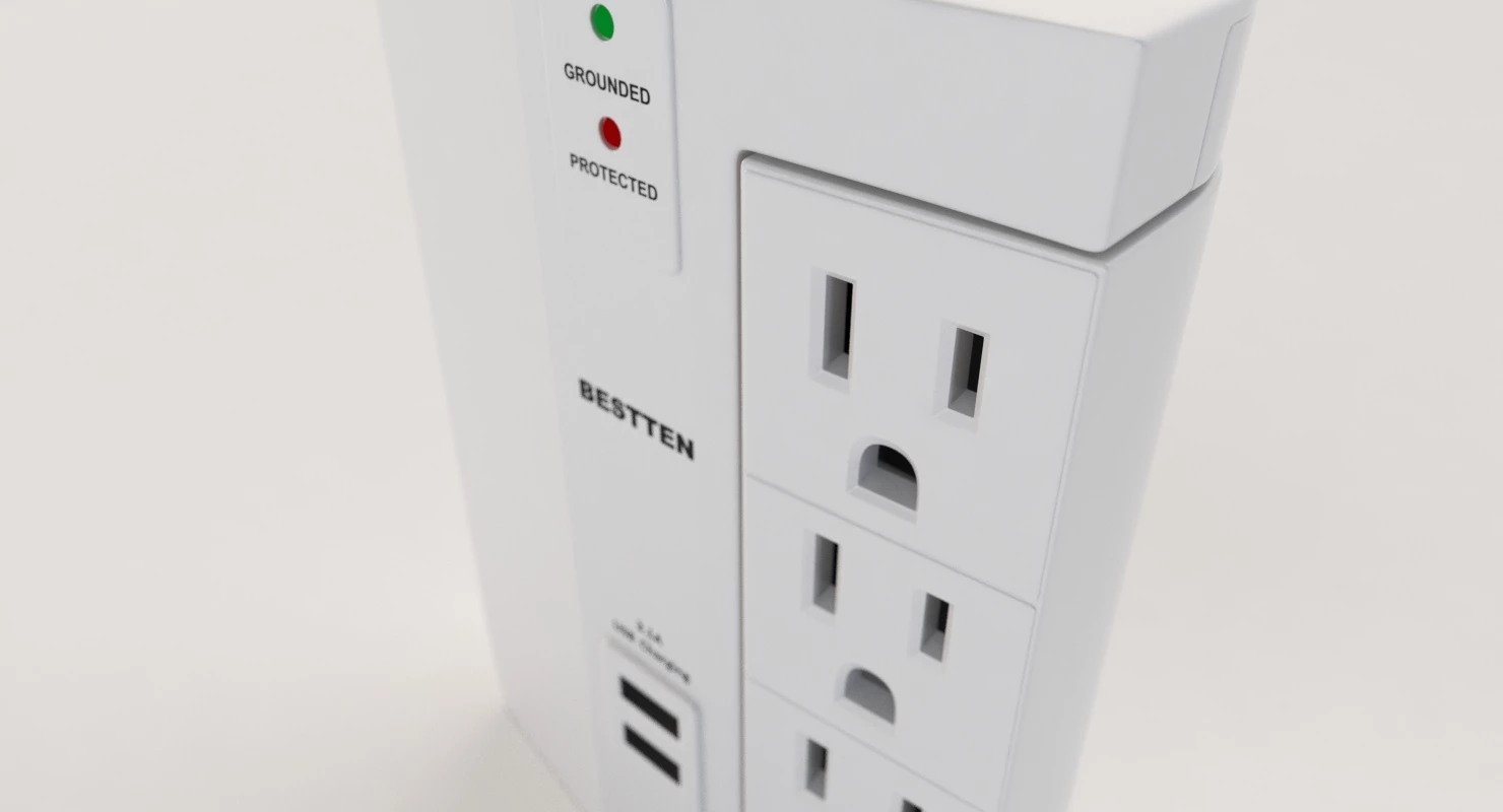 Bestten 6 Outlet Side Wall Adapter Tap Surge Protector with USB Charging Ports 3D Model_04