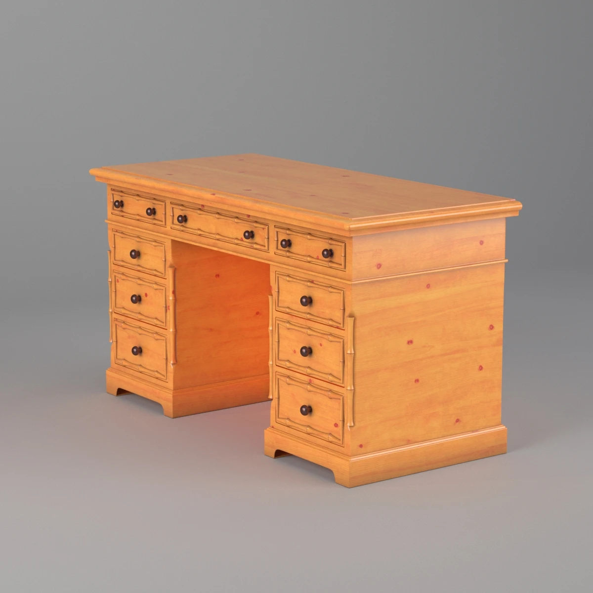 1920s Pine Faux Bamboo Painted Knee Hole Desk 3D Model_04