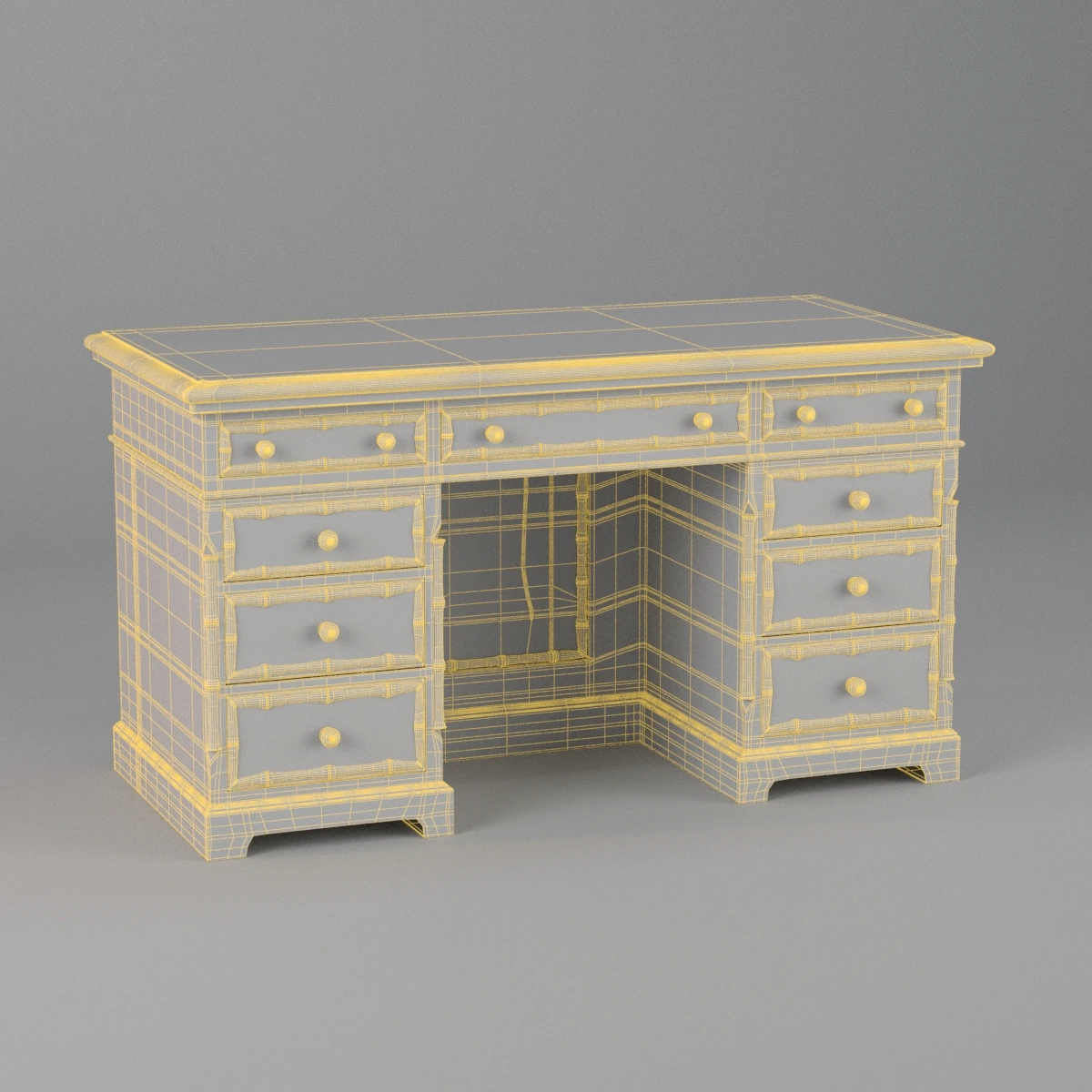 1920s Pine Faux Bamboo Painted Knee Hole Desk 3D Model_07