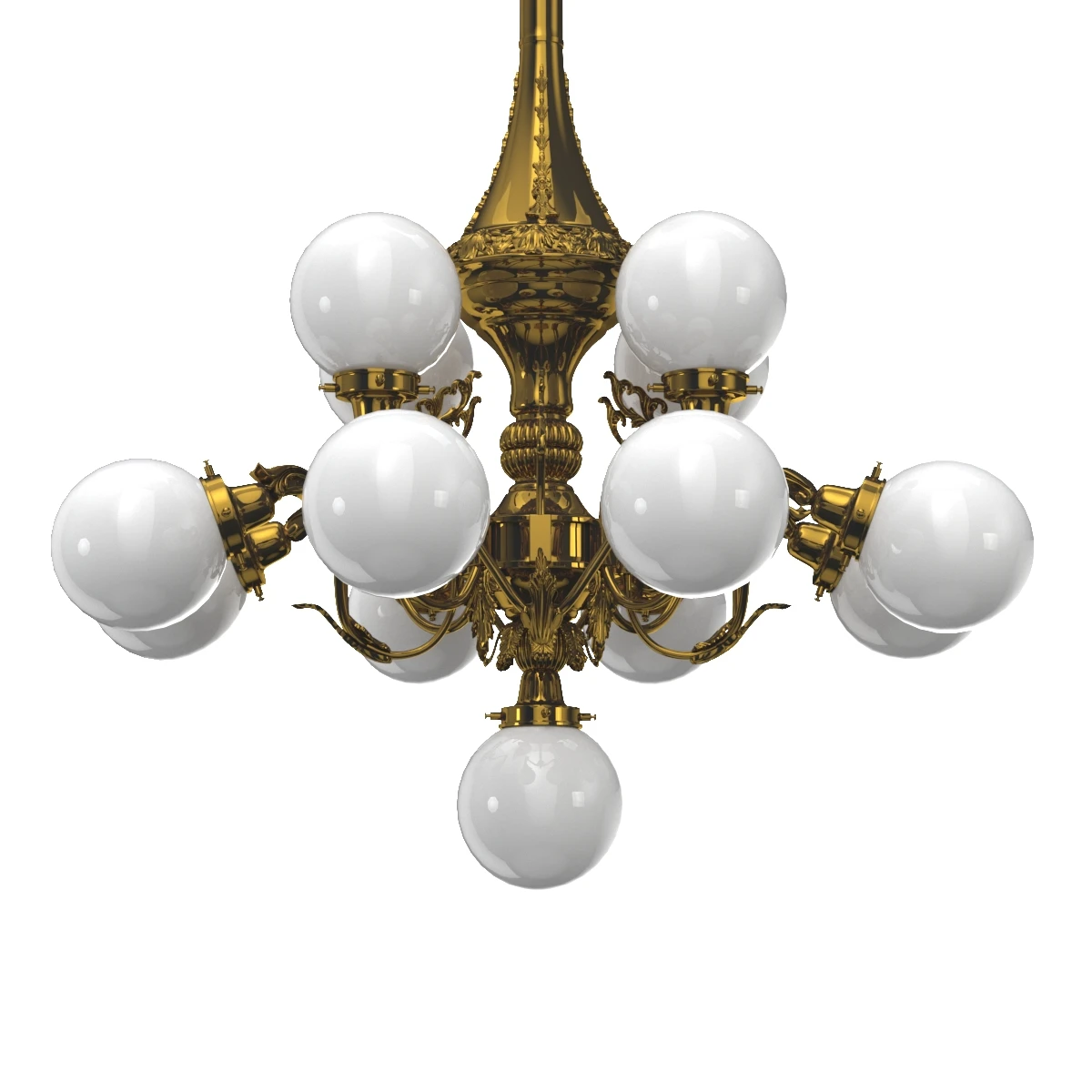 Monumental Brass National Gallery Chandelier with Opaline Glass Globes Prague 1920s 3D Model_04
