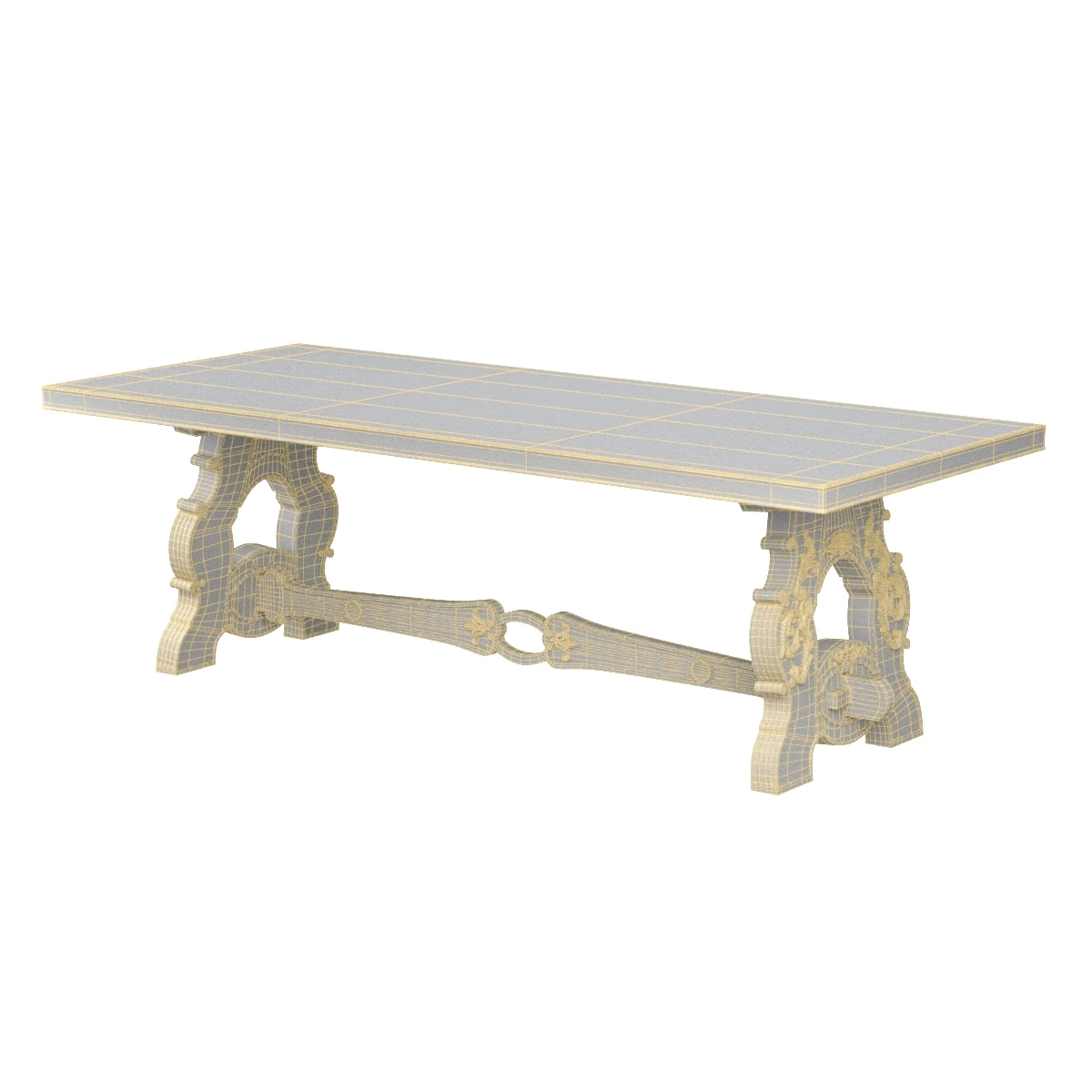 Early 20th Century French Carved Bleached Oak Marquetry Trestle Dining Table 3D Model_07