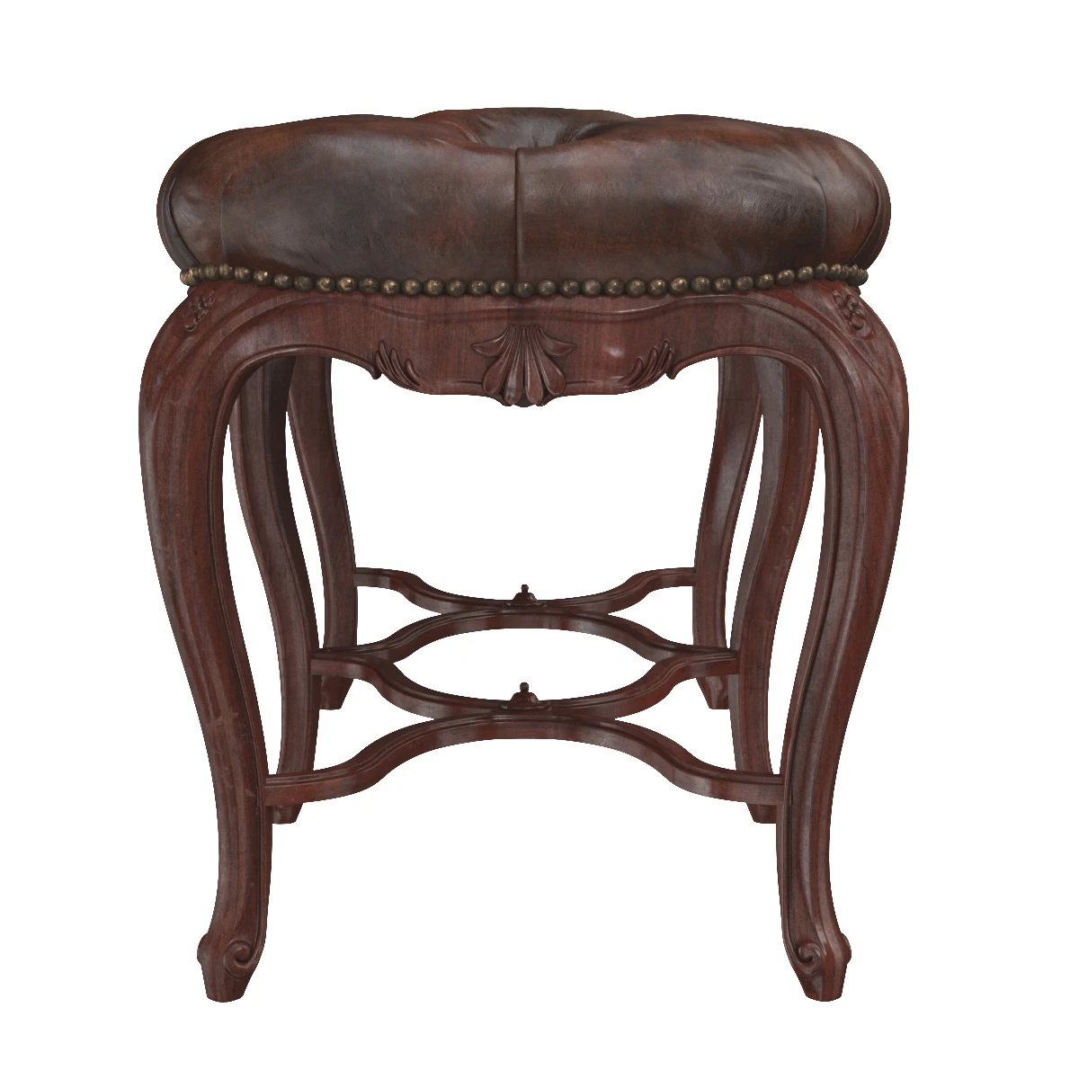 French Leather Tufted Bench C 1900s 3D Model_04
