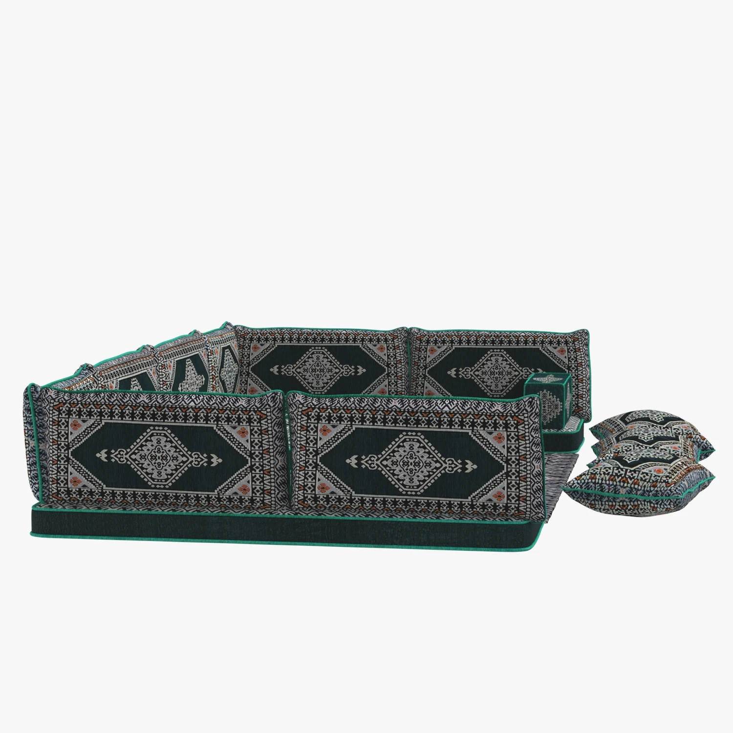 Arabic Sofa Set Floor Cushion Green Pillows Oriental Floor 3D Model_03