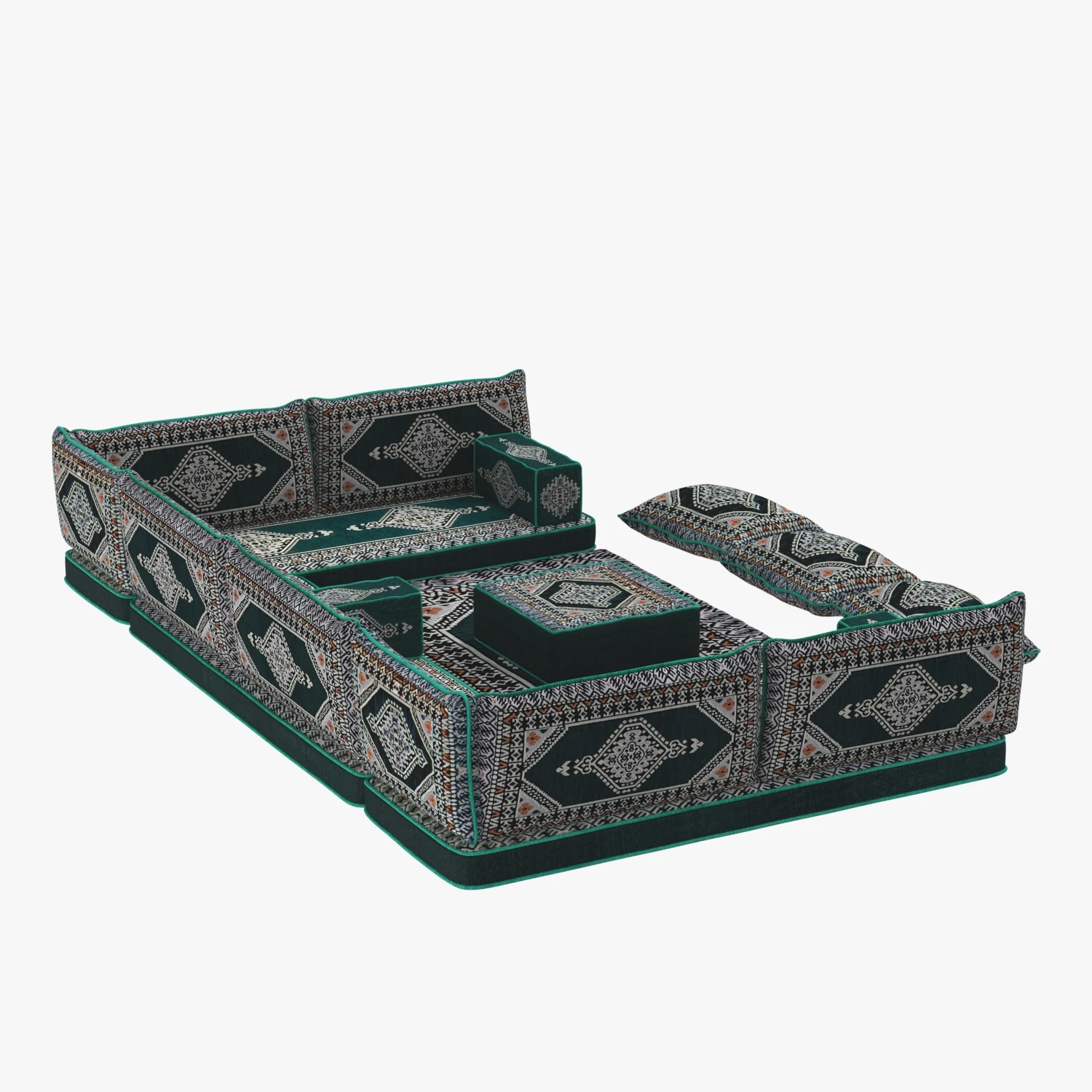 Arabic Sofa Set Floor Cushion Green Pillows Oriental Floor 3D Model_04