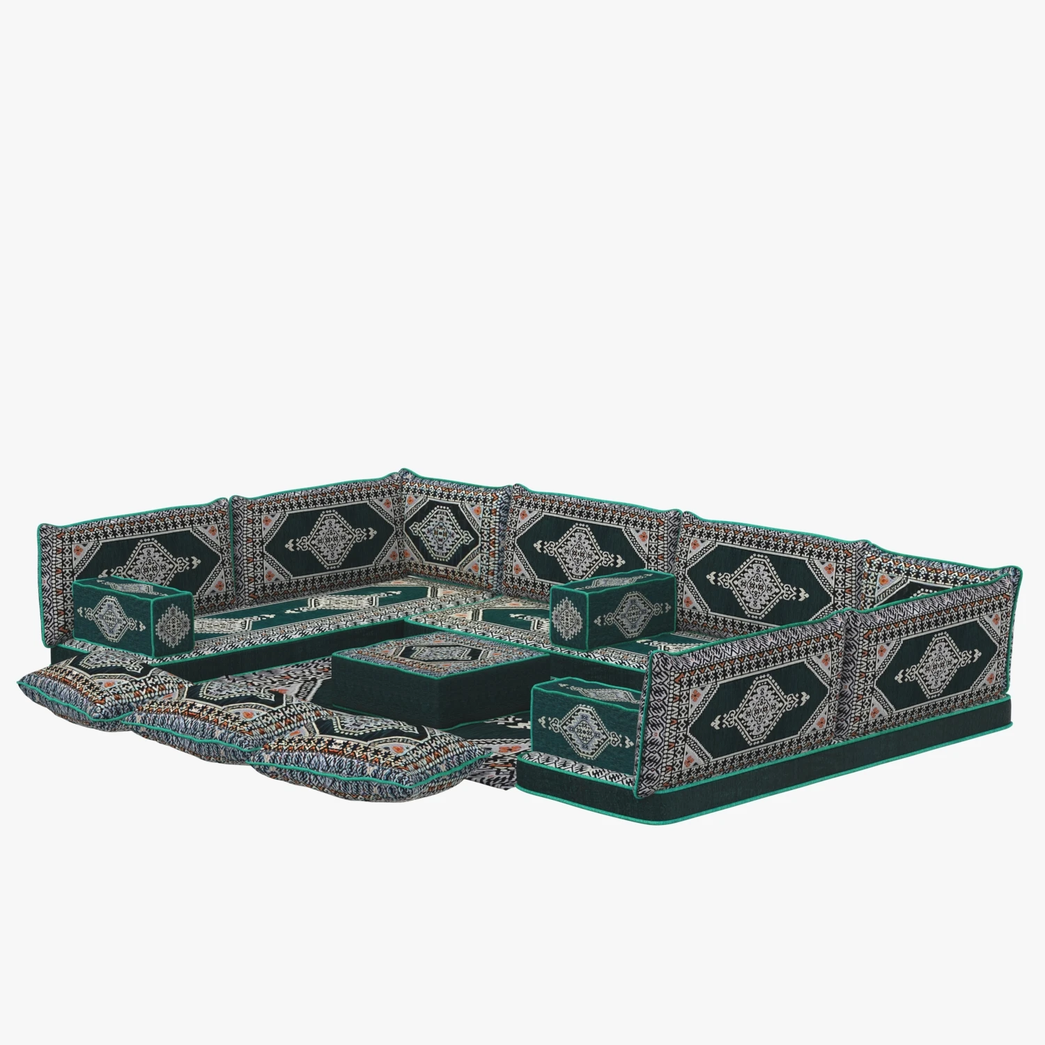 Arabic Sofa Set Floor Cushion Green Pillows Oriental Floor 3D Model_01