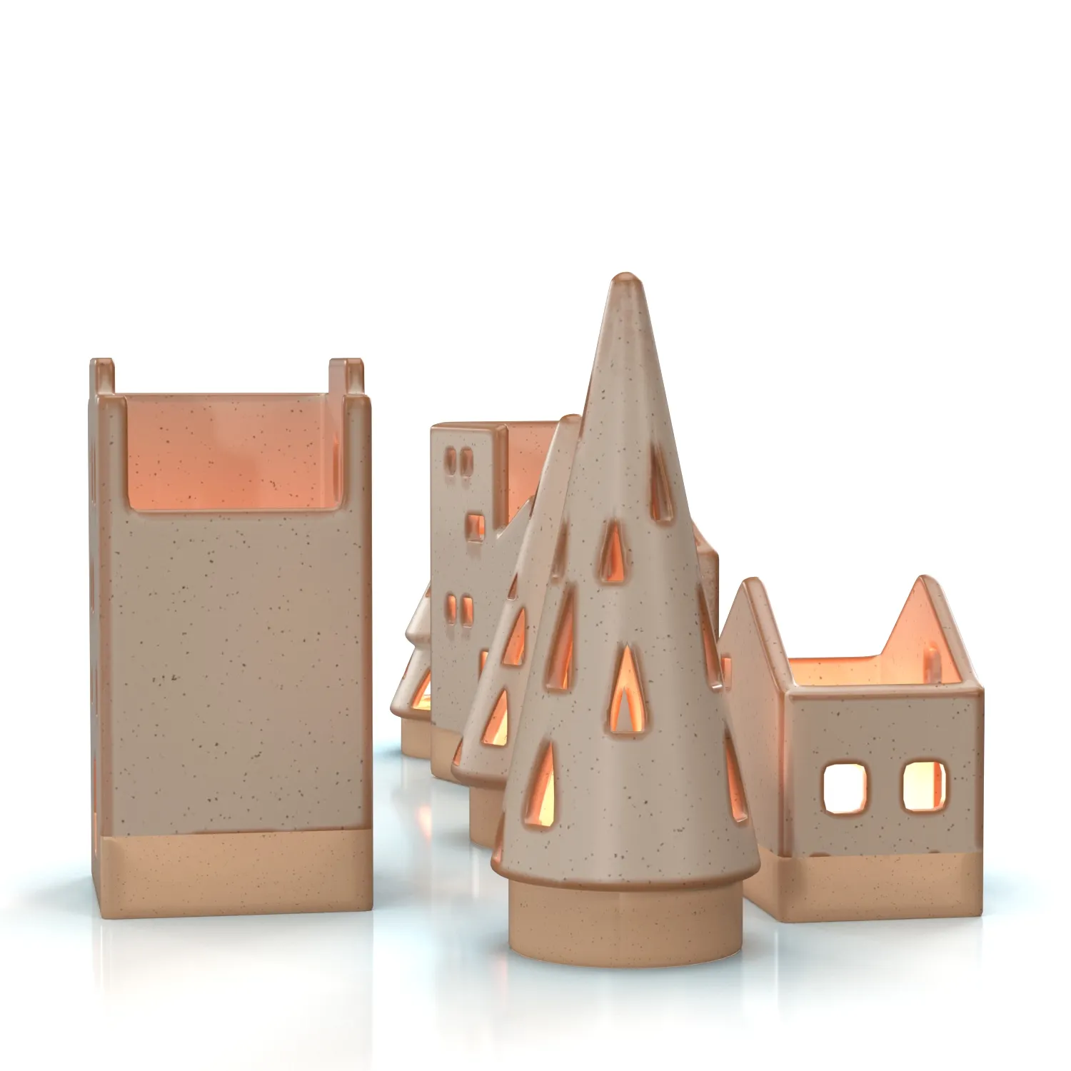Ceramic Tealight Village Set PBR 3D Model_03